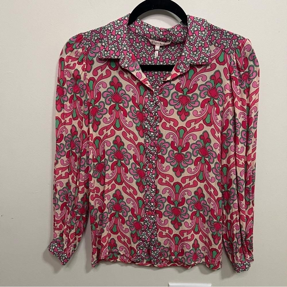 ESQUALO Floral-Leaf Paisley Long Sleeve Blouse Work Office Career Wear Spring